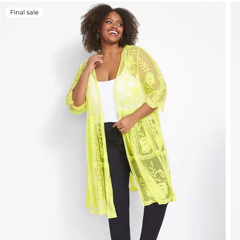 Lane Bryant Plus Size 14/16 Neon Classic Open-Front Embroidered Mesh‎ Overpiece